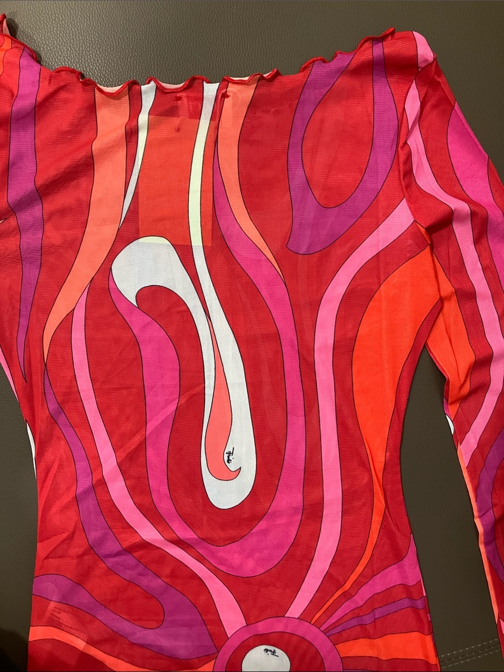Emilio Pucci Red Pink Orange Swirl Long-Sleeve Mesh Top - Picture 5 of 8